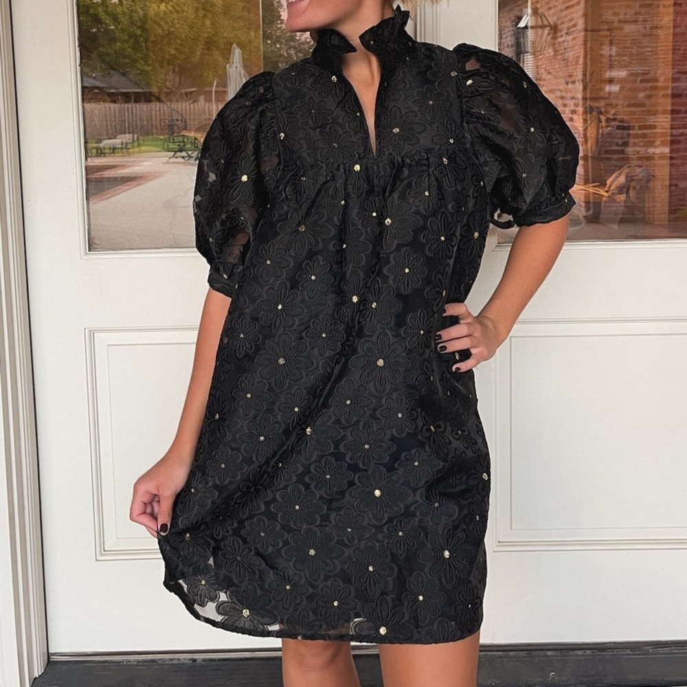 Jade Anne High Neck Black Organza Floral Gold Puff Sleeve Mini Dress NEW Medium